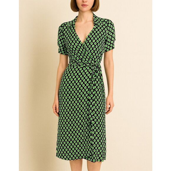 Diane Von Furstenburg Jilda Two Green Silk Retro Short Sleeve Wrap Dress 14 - Picture 1 of 12